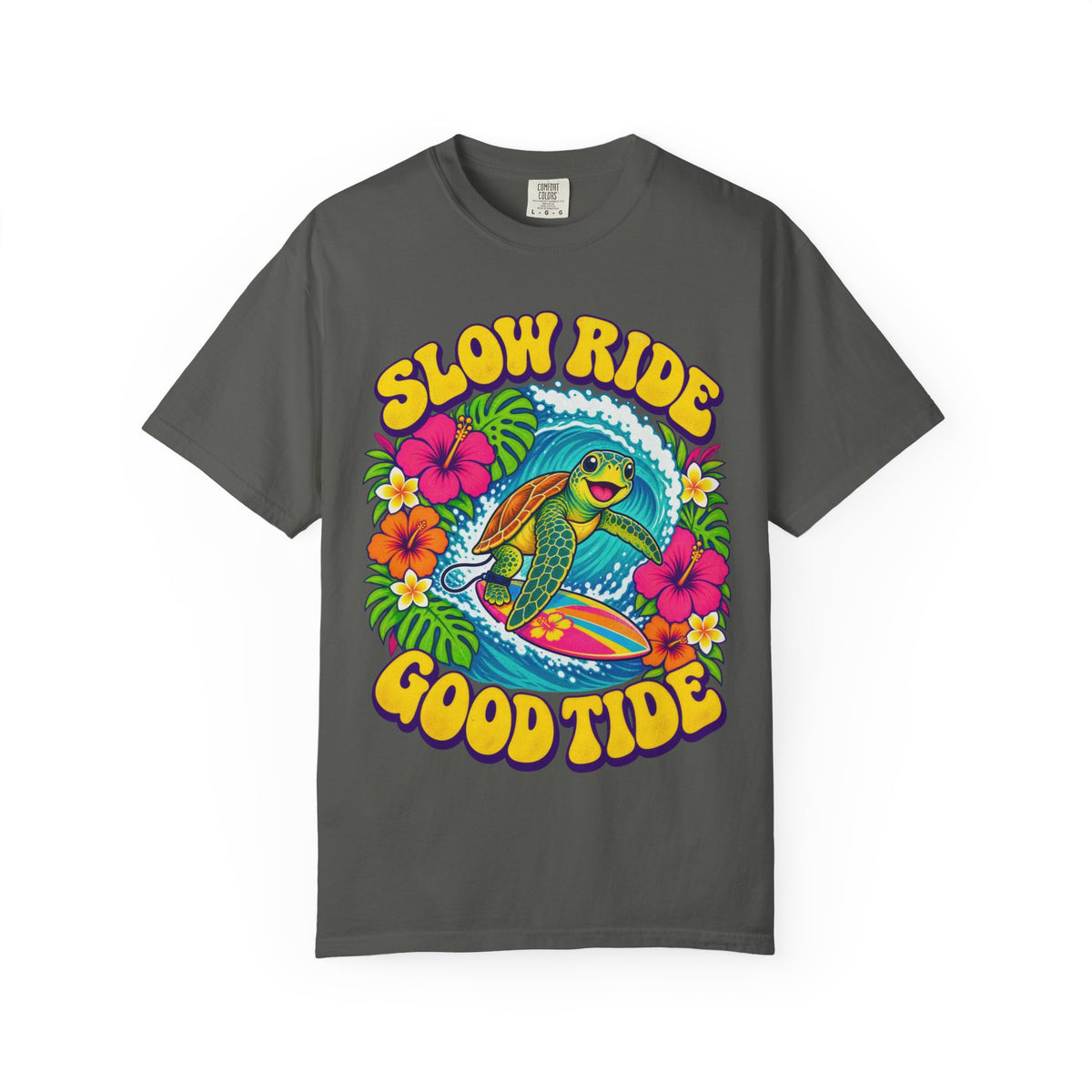 Slow Ride Good Tide Tee | Sea Turtle Surf Shirt | Groovy 70s Beach T-Shirt | Comfort Colors