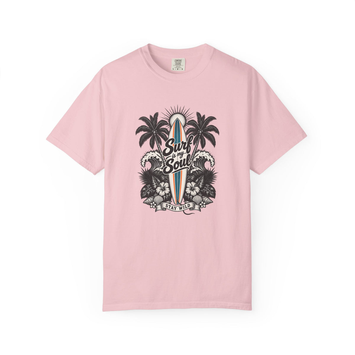 Surf Is My Soul Tee | Black & White Line Art Surf Shirt | Tropical Surfboard T-Shirt | Comfort Colors Gift