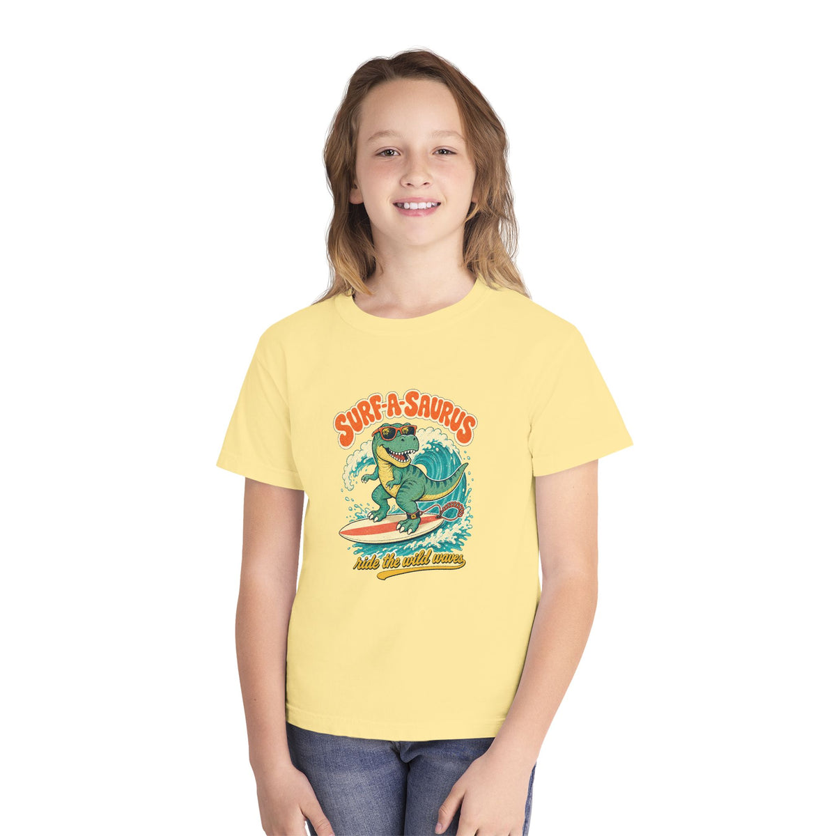 Surf-A-Saurus Kids Tee | Dinosaur Surf Kids Shirt | Youth Beach T-Shirt | Surf Kid Gift