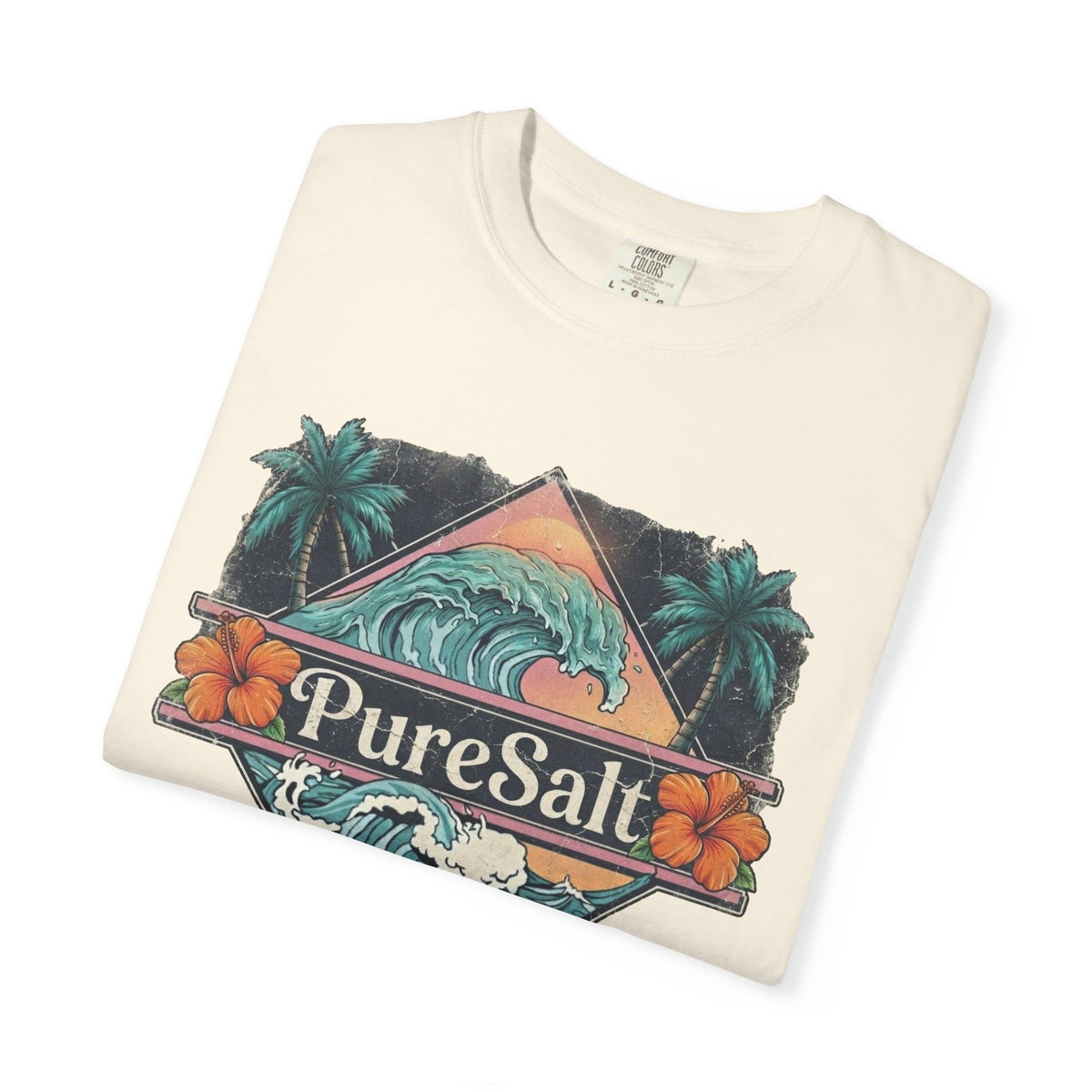 PureSalt Wave Badge Tee | Vintage Surf Wave Shirt | Retro Palm Tree Beach T-Shirt | Comfort Colors