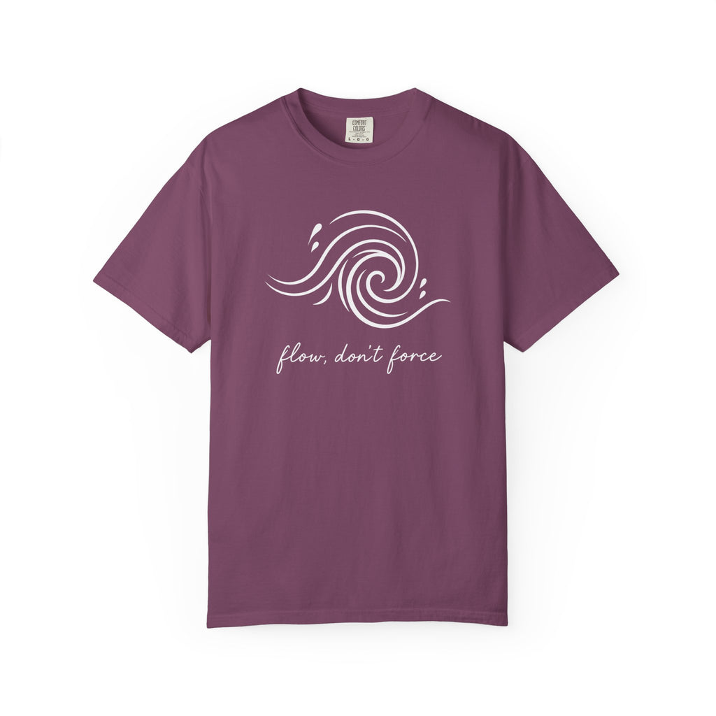 Flow Dont Force Tee | Swirl Wave Line Art Shirt | Calm Mindful Quote T-Shirt | Comfort Colors Blue Jean