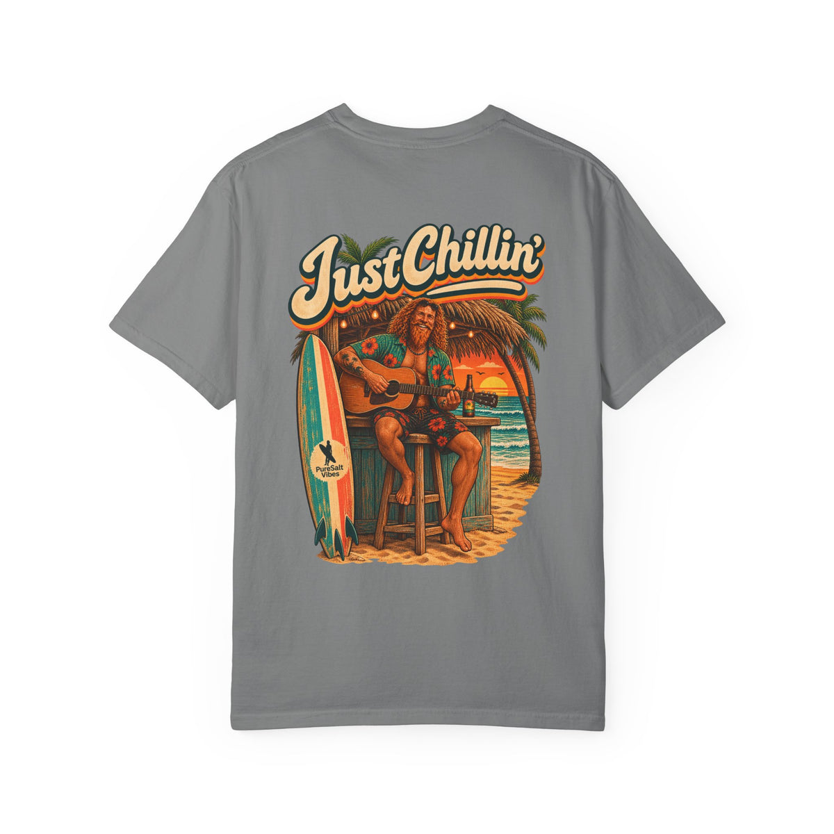 Just Chillin' Surf T-Shirt — Retro Beach Vibes with Guitarist Graphic