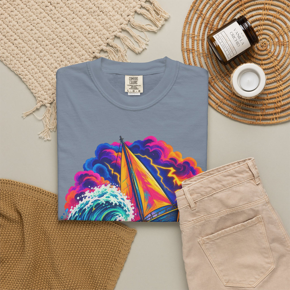 Ride The Storm Tee | Sailboat Big Wave Shirt | Bold Ocean Art T-Shirt | Comfort Colors