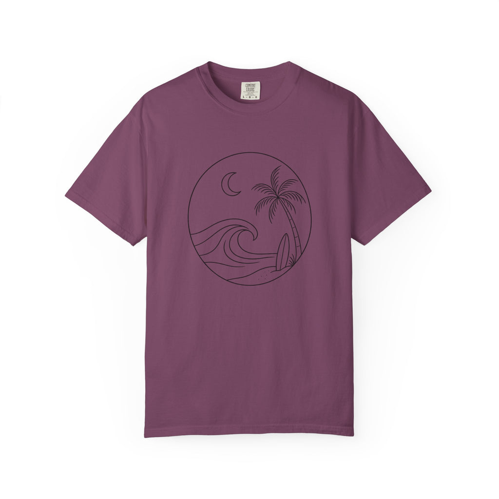 Moonlit Surf Line Art T-Shirt | Palm Tree Wave Circle Design