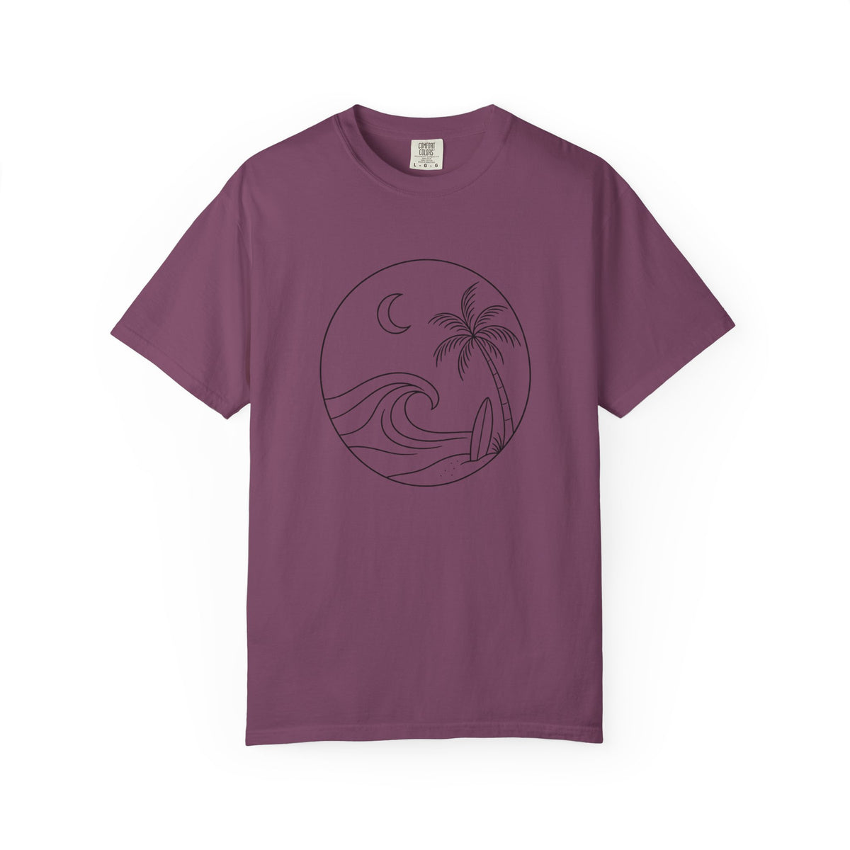 Moonlit Surf Line Art T-Shirt | Palm Tree Wave Circle Design