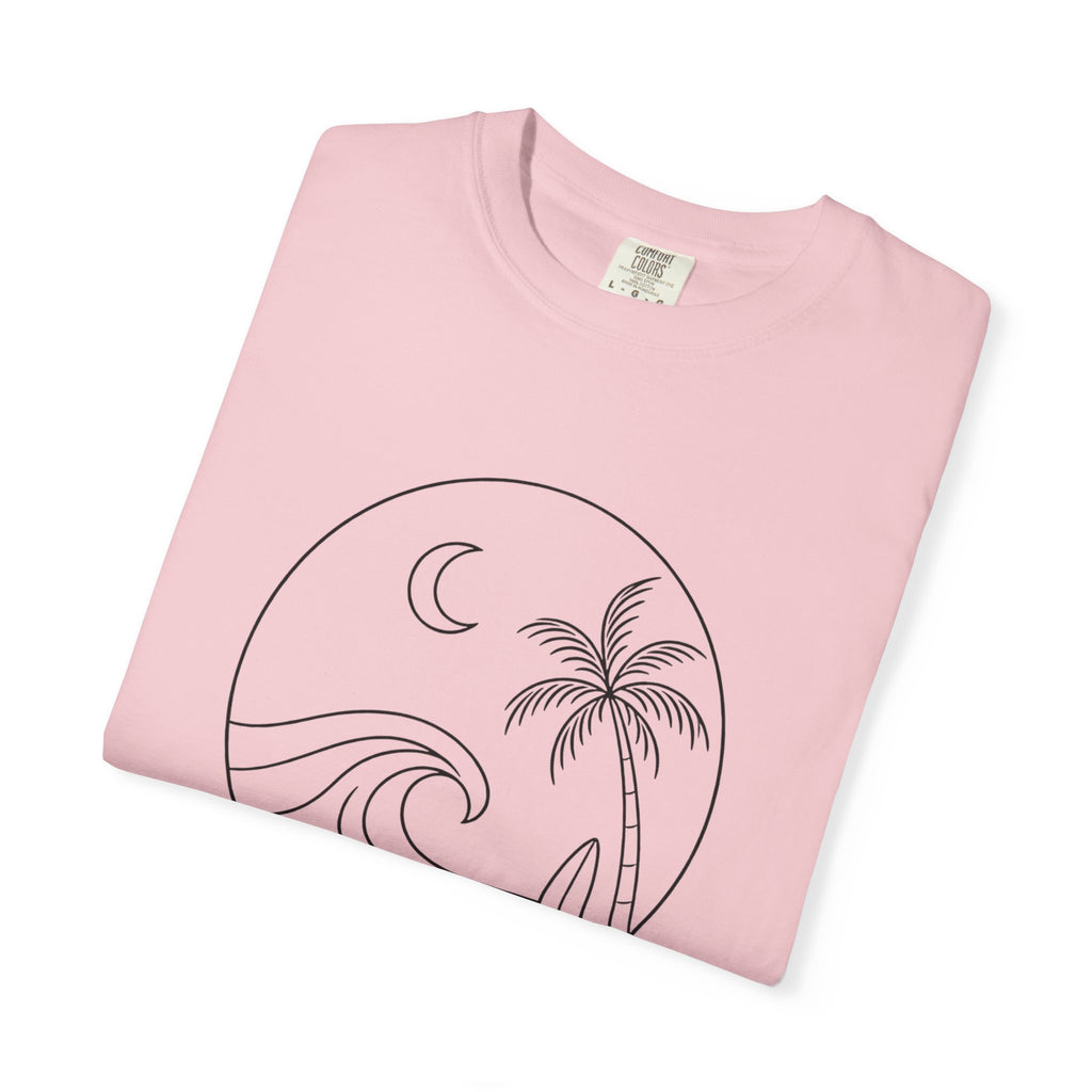 Moonlit Surf Line Art T-Shirt | Palm Tree Wave Circle Design