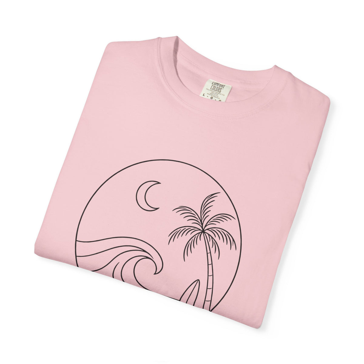 Moonlit Surf Line Art T-Shirt | Palm Tree Wave Circle Design