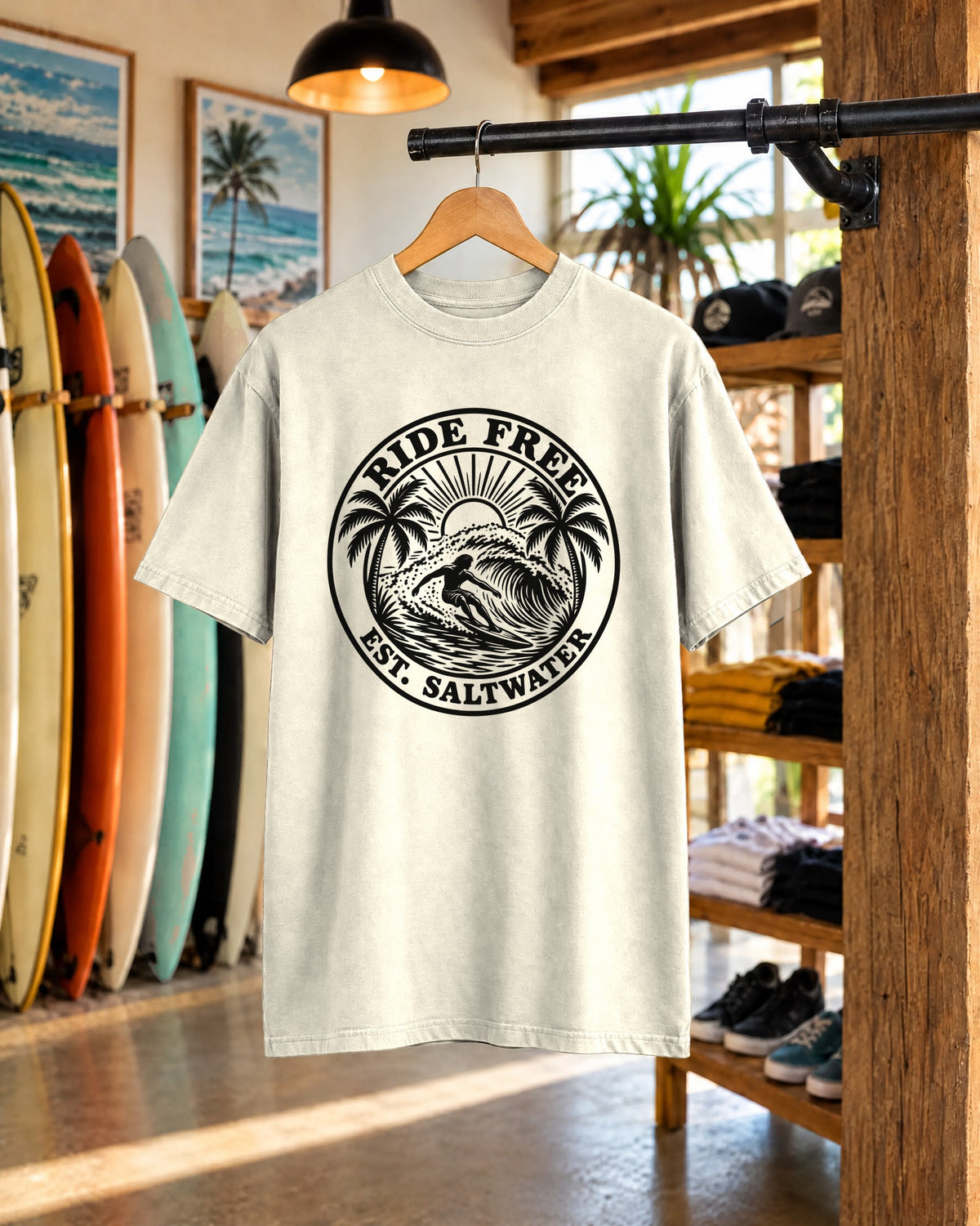 Ride Free Woodcut Surf Shirt | Est Saltwater Badge Tee | Comfort Colors T-Shirt