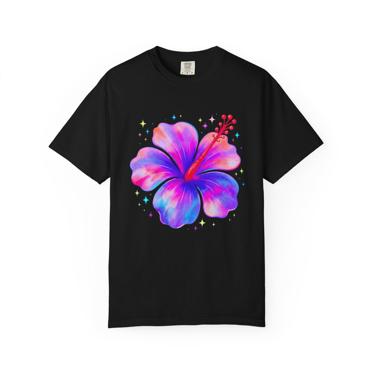 Tie Dye Hibiscus Tee | Neon Tropical Flower Shirt | Sparkly Hibiscus Graphic T-Shirt | Comfort Colors
