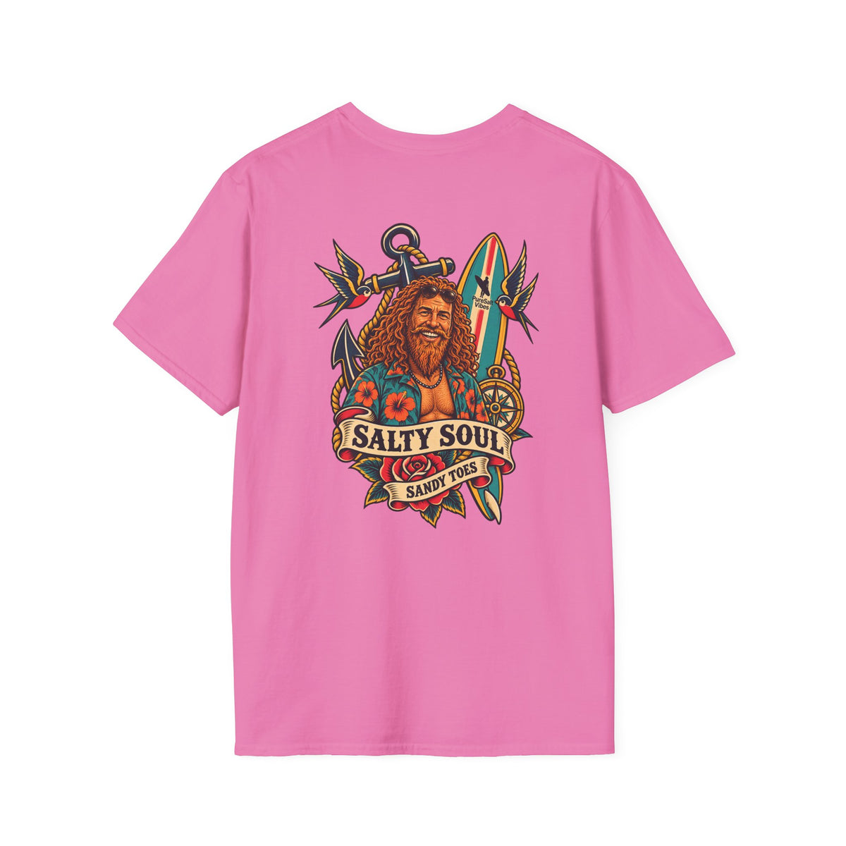 Salty Soul Sandy Toes Surf Tee - Bright Colours | Retro Old Surfer Back Print T-Shirt | Beach Gift