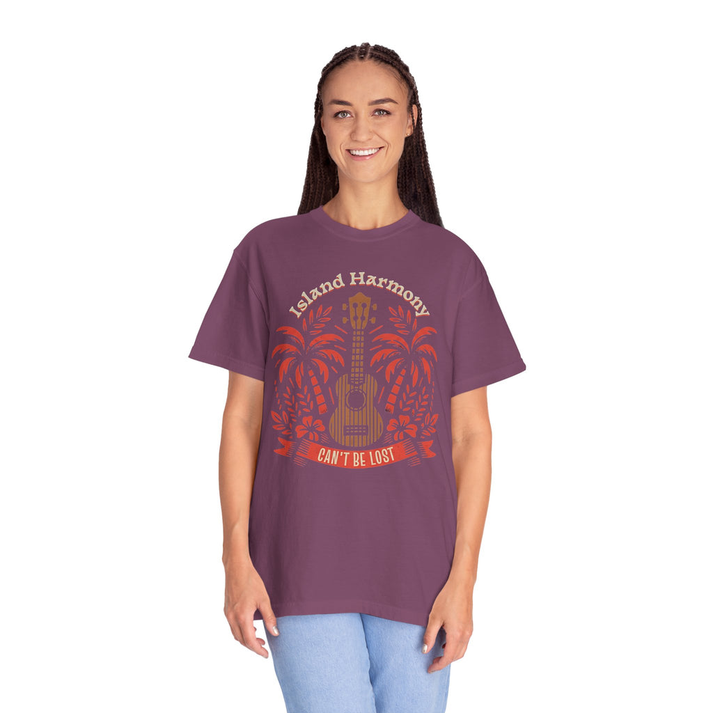 Island Harmony Guitar Tee | Can't Be Lost palm tree ukulele design