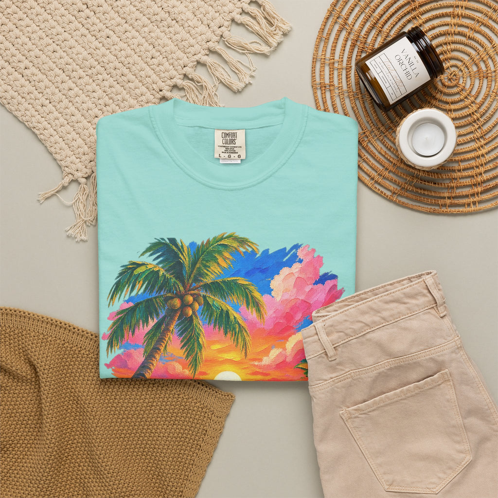 Hibiscus Sunset Ocean Shirt | Painted Tropical Seascape Tee | Comfort Colors T-Shirt