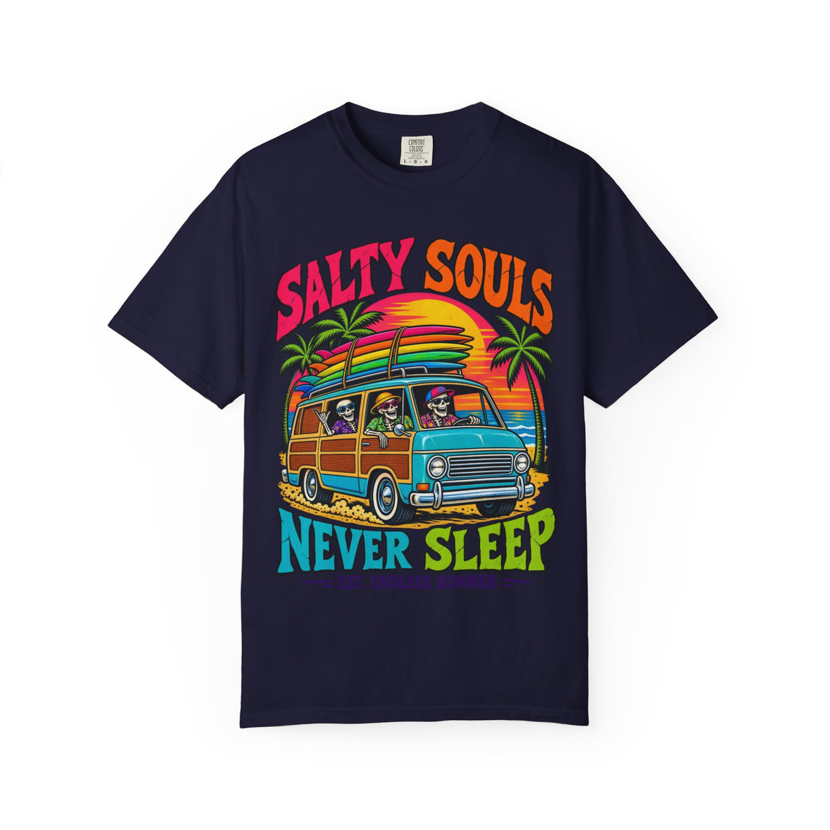 Salty Souls Never Sleep Tee | Skeleton Surf Van Shirt | Funny Retro Surf T-Shirt | Comfort Colors