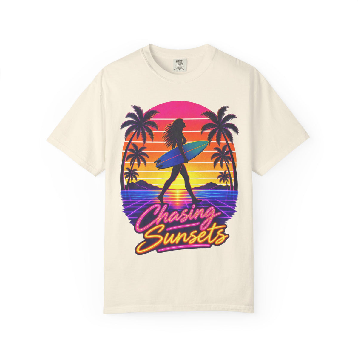 Chasing Sunsets Tee | Synthwave Sunset Surf Girl Shirt | Retro Palm T-Shirt | Comfort Colors