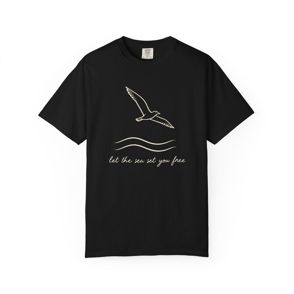 Let The Sea Set You Free Tee | Seagull Line Art Shirt | Freedom Ocean Quote T-Shirt | Comfort Colors Moss