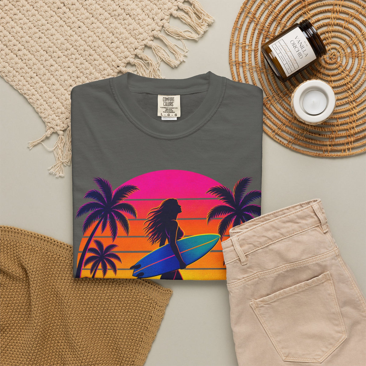 Chasing Sunsets Tee | Synthwave Sunset Surf Girl Shirt | Retro Palm T-Shirt | Comfort Colors