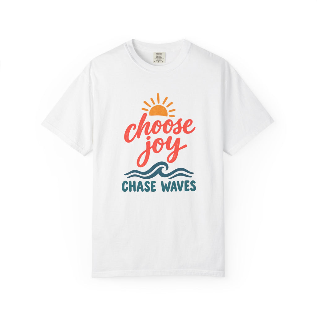Choose Joy Chase Waves Tee | Retro Script Sun Wave Shirt | Positive Beach T-Shirt | Comfort Colors Gift