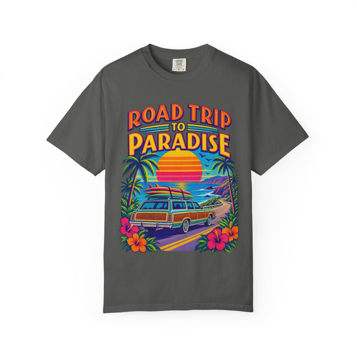 Road Trip To Paradise Tee | Retro Woodie Wagon Surf Shirt | Vintage Travel Poster T-Shirt | Comfort Colors