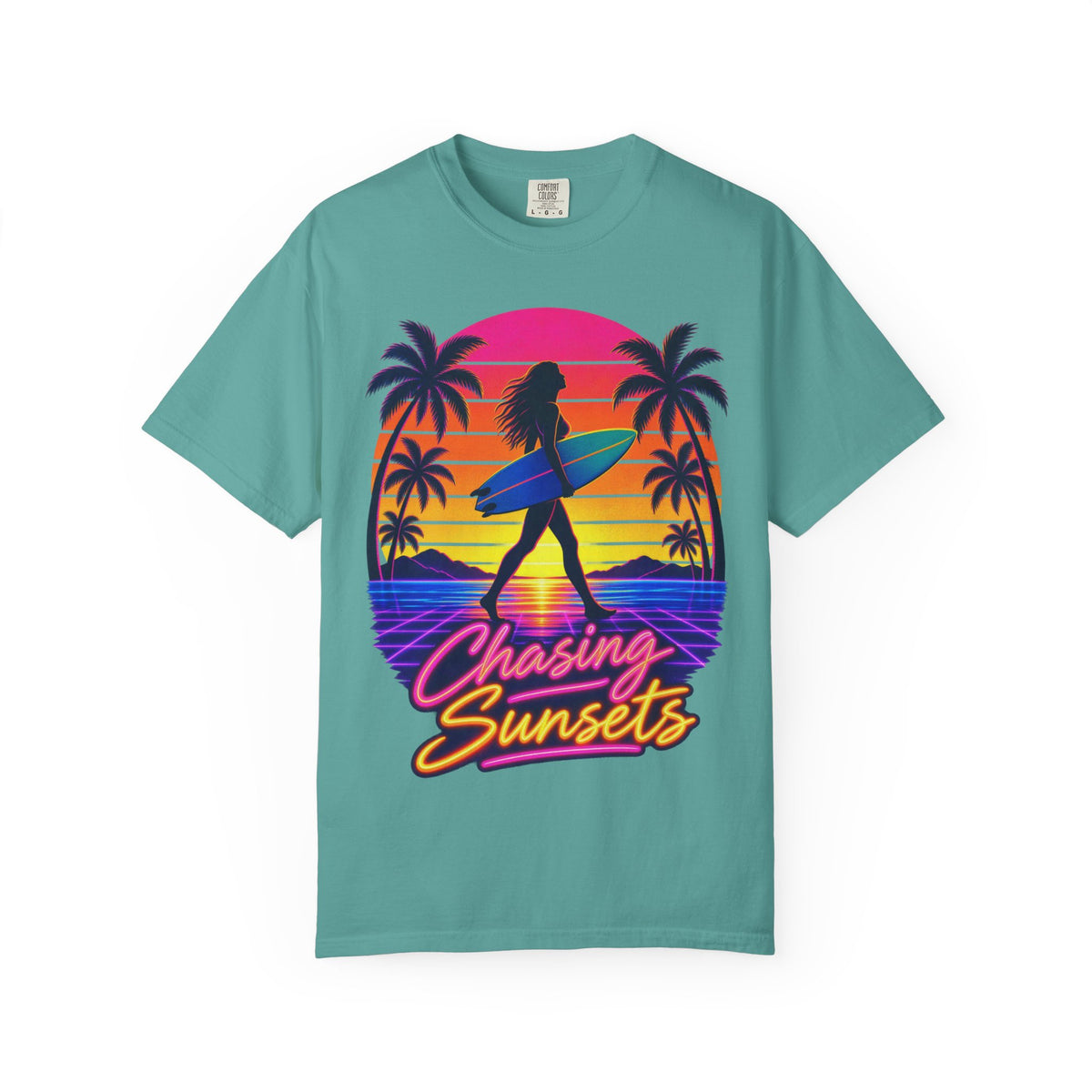 Chasing Sunsets Tee | Synthwave Sunset Surf Girl Shirt | Retro Palm T-Shirt | Comfort Colors