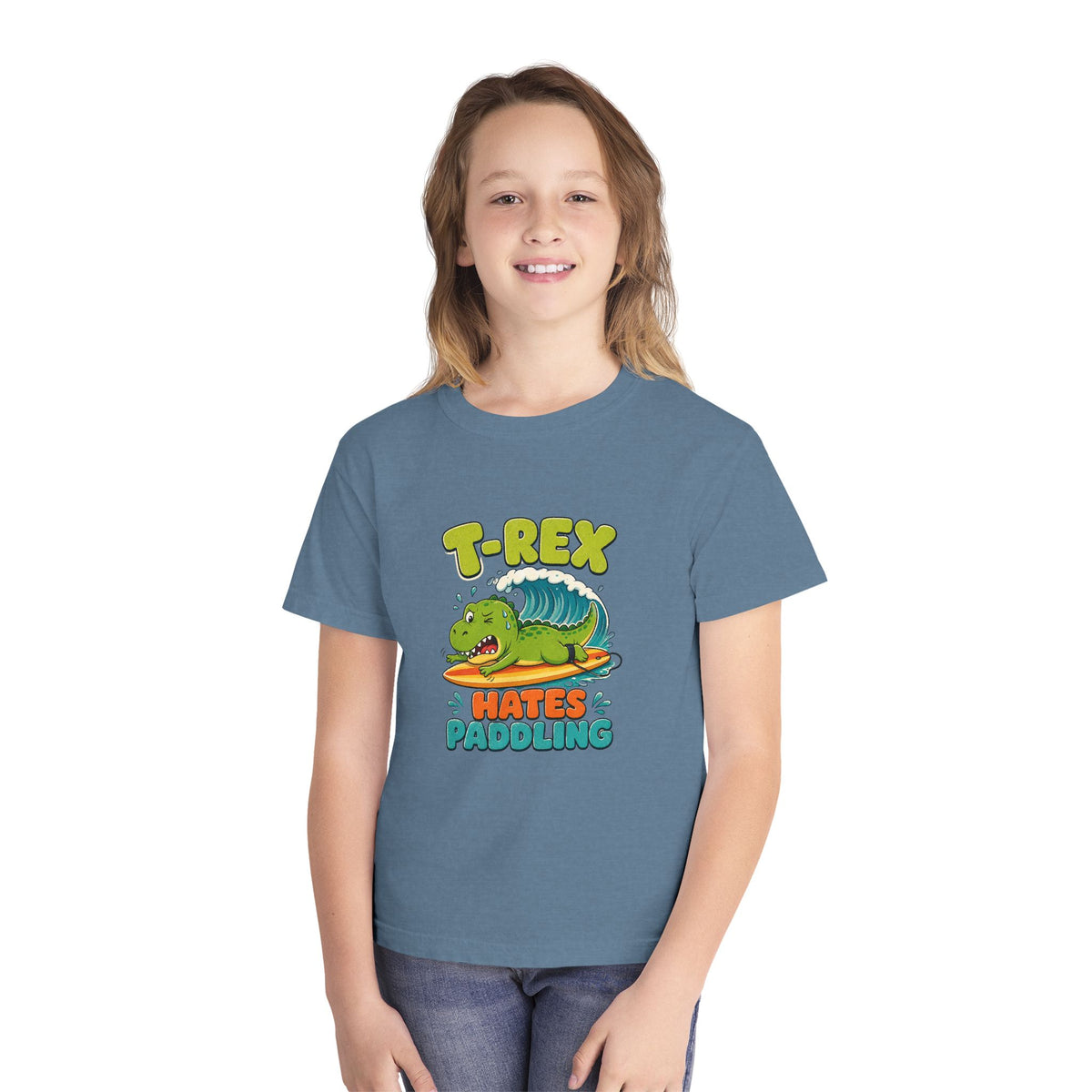 T-Rex Hates Paddling Kids Tee | Funny Dinosaur Kids Shirt | Youth Beach T-Shirt | Surf Kid Gift