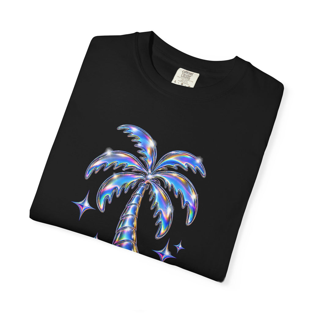 Summer Forever Tee | Holographic Chrome Palm Tree Shirt | Y2K Summer T-Shirt | Comfort Colors Black