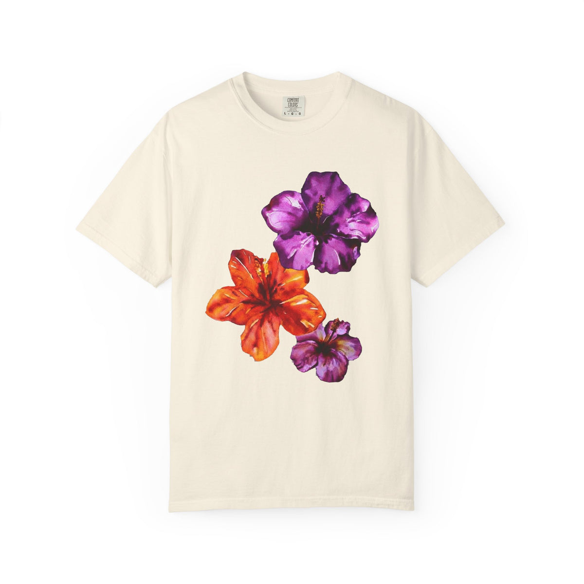 Watercolour Hibiscus Tee | Tropical Flowers Shirt | Purple and Orange Hibiscus T-Shirt | Comfort Colors