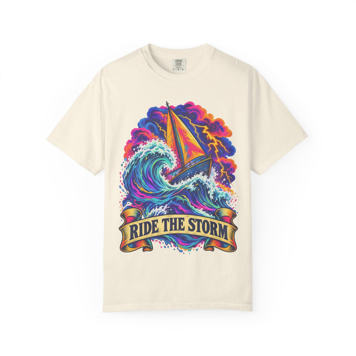 Ride The Storm Tee | Sailboat Big Wave Shirt | Bold Ocean Art T-Shirt | Comfort Colors