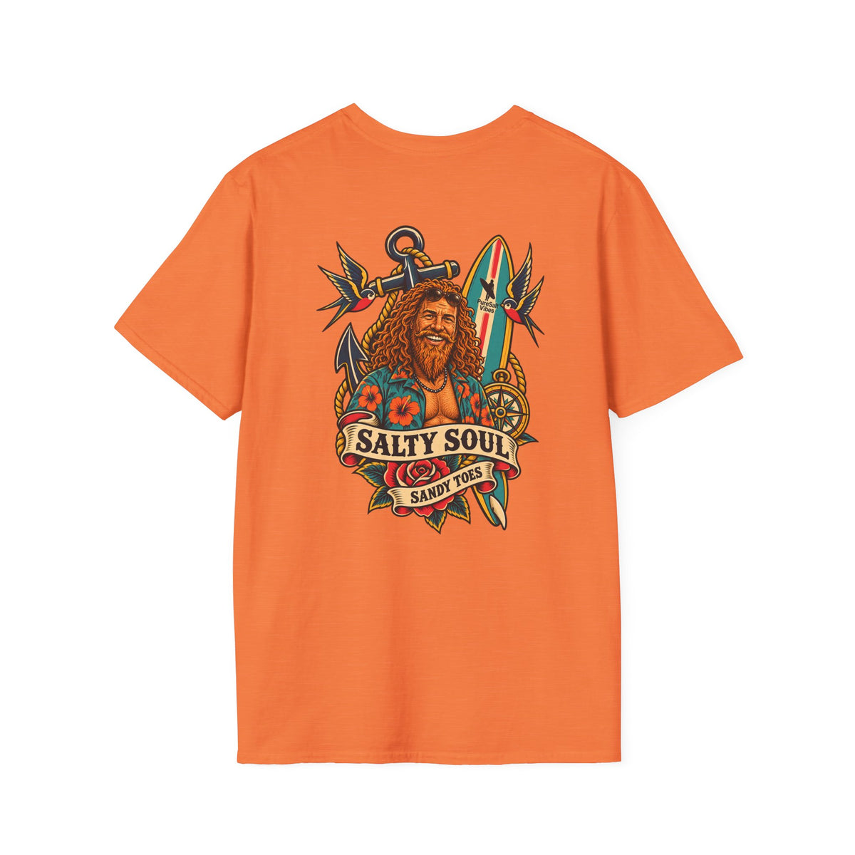 Salty Soul Sandy Toes Surf Tee - Bright Colours | Retro Old Surfer Back Print T-Shirt | Beach Gift