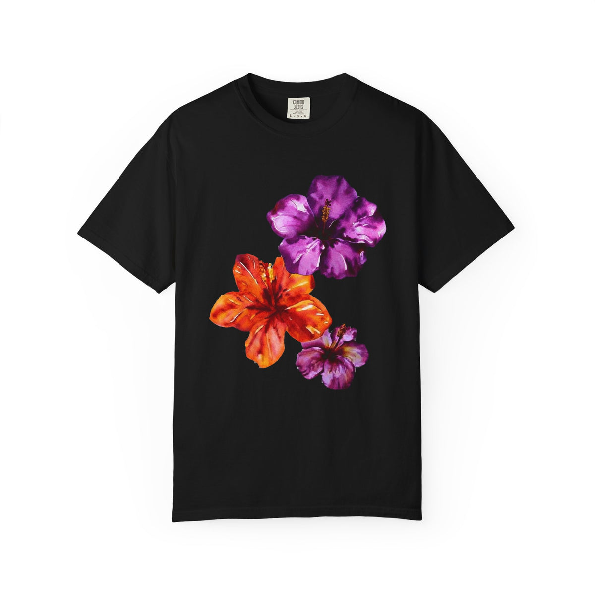 Watercolour Hibiscus Tee | Tropical Flowers Shirt | Purple and Orange Hibiscus T-Shirt | Comfort Colors