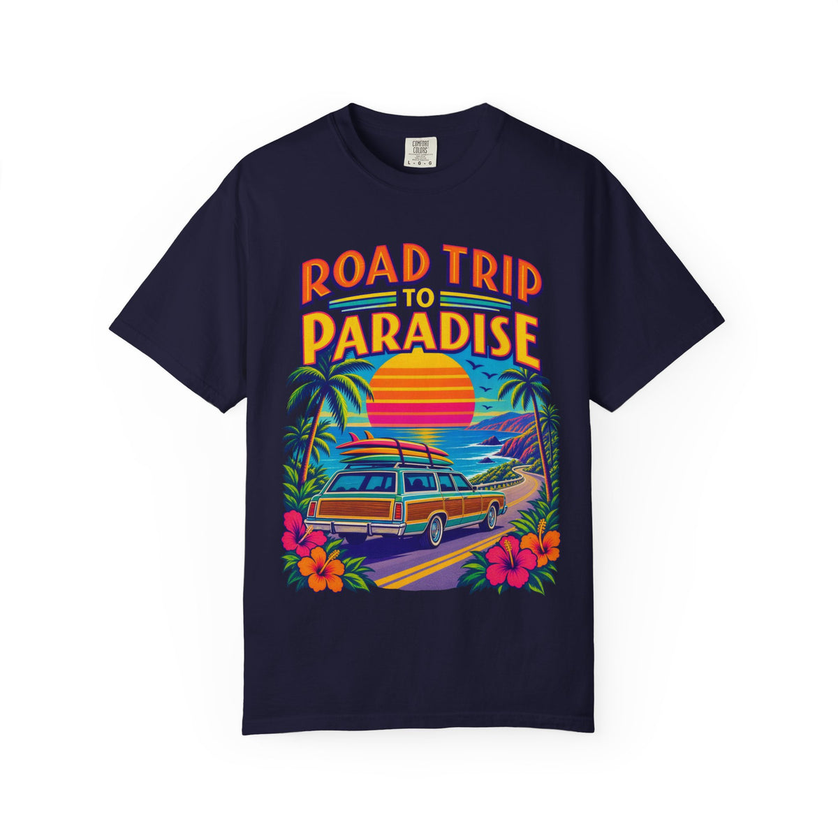 Road Trip To Paradise Tee | Retro Woodie Wagon Surf Shirt | Vintage Travel Poster T-Shirt | Comfort Colors