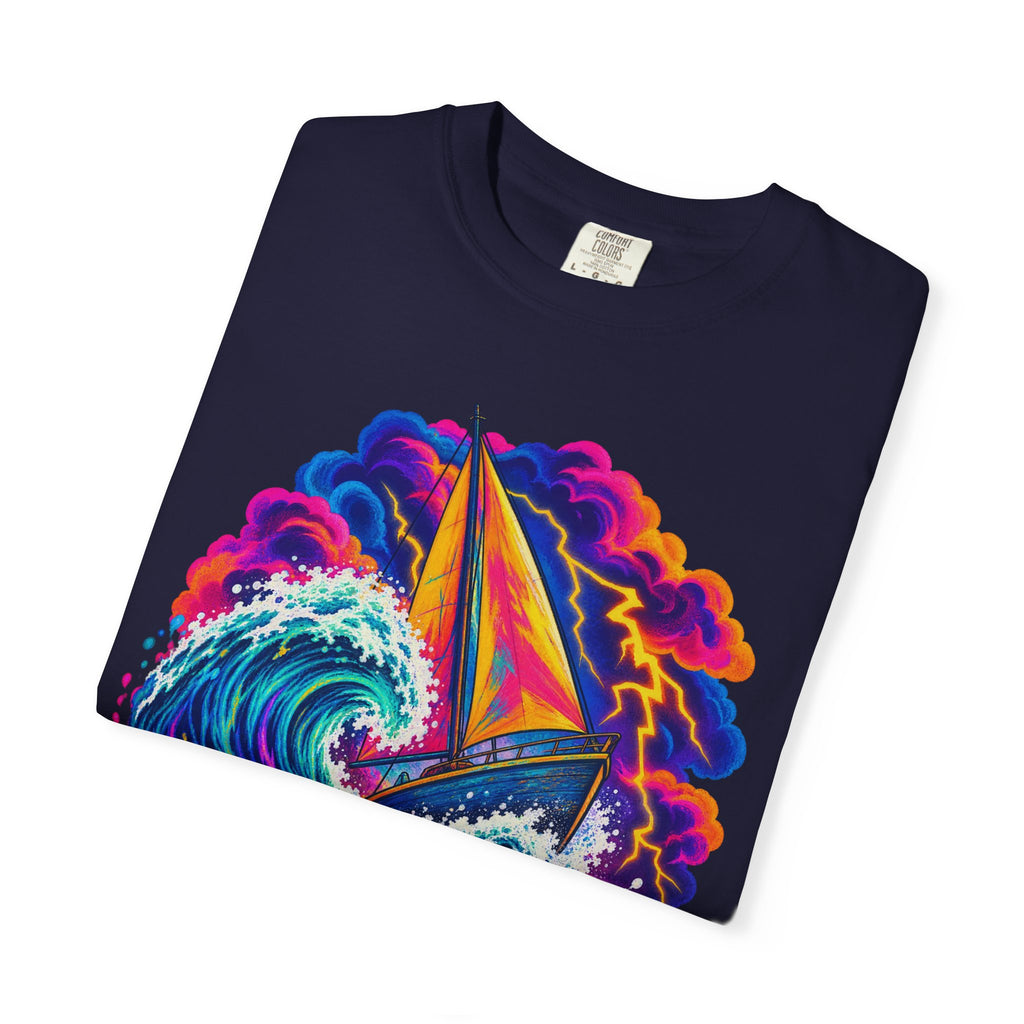 Ride The Storm Tee | Sailboat Big Wave Shirt | Bold Ocean Art T-Shirt | Comfort Colors