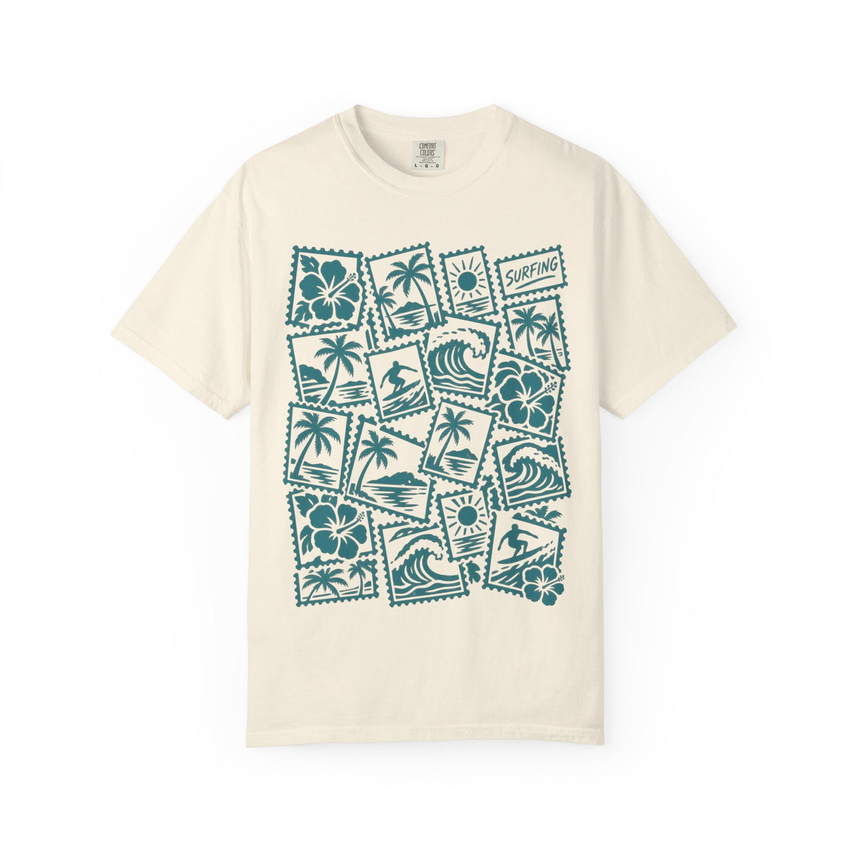 Surfing Postcard Stamp Shirt | Tropical Postage Pattern Tee | Comfort Colors T-Shirt