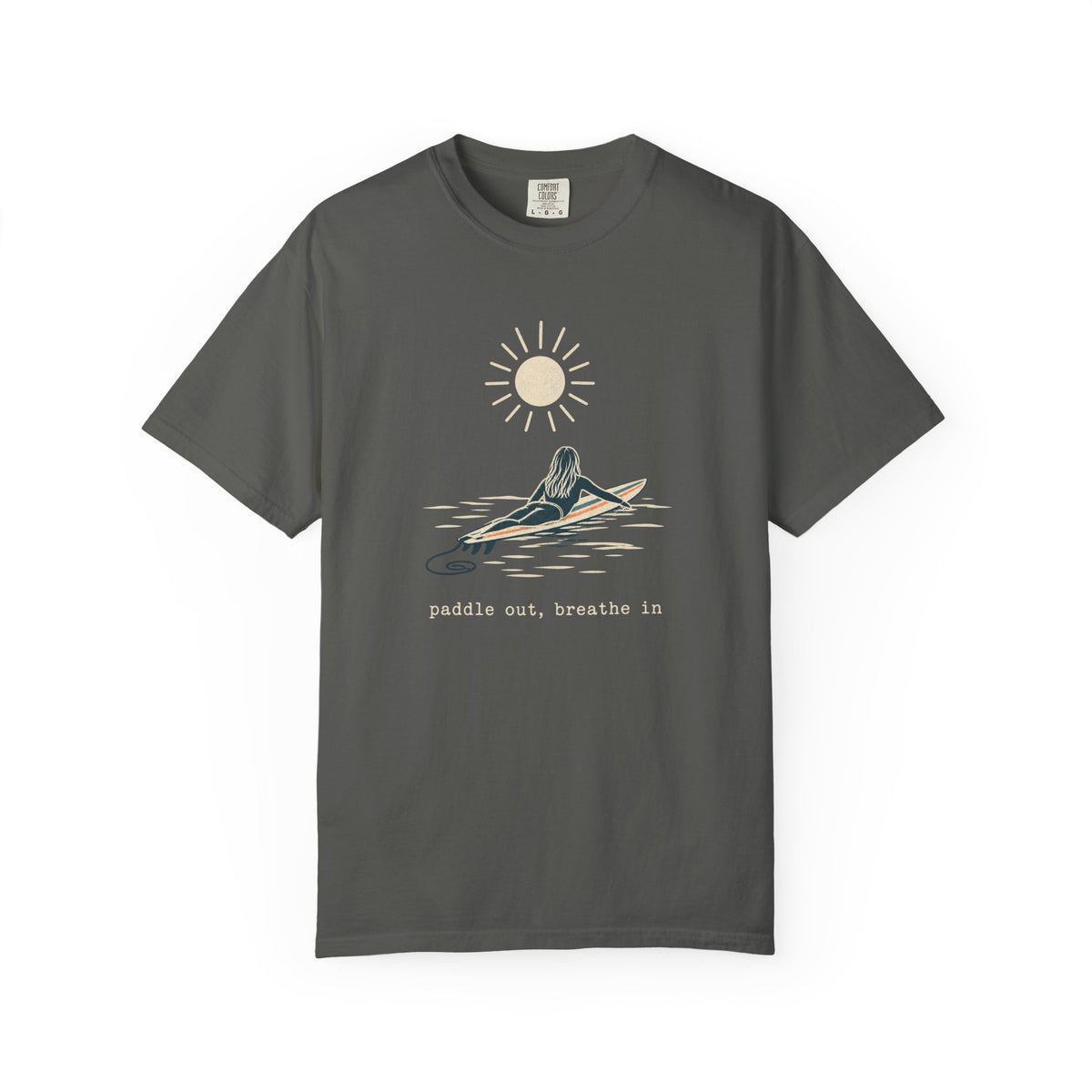 Paddle Out Breathe In Tee | Minimalist Surfer Girl Line Art Shirt | Calm Surf T-Shirt | Comfort Colors Gift
