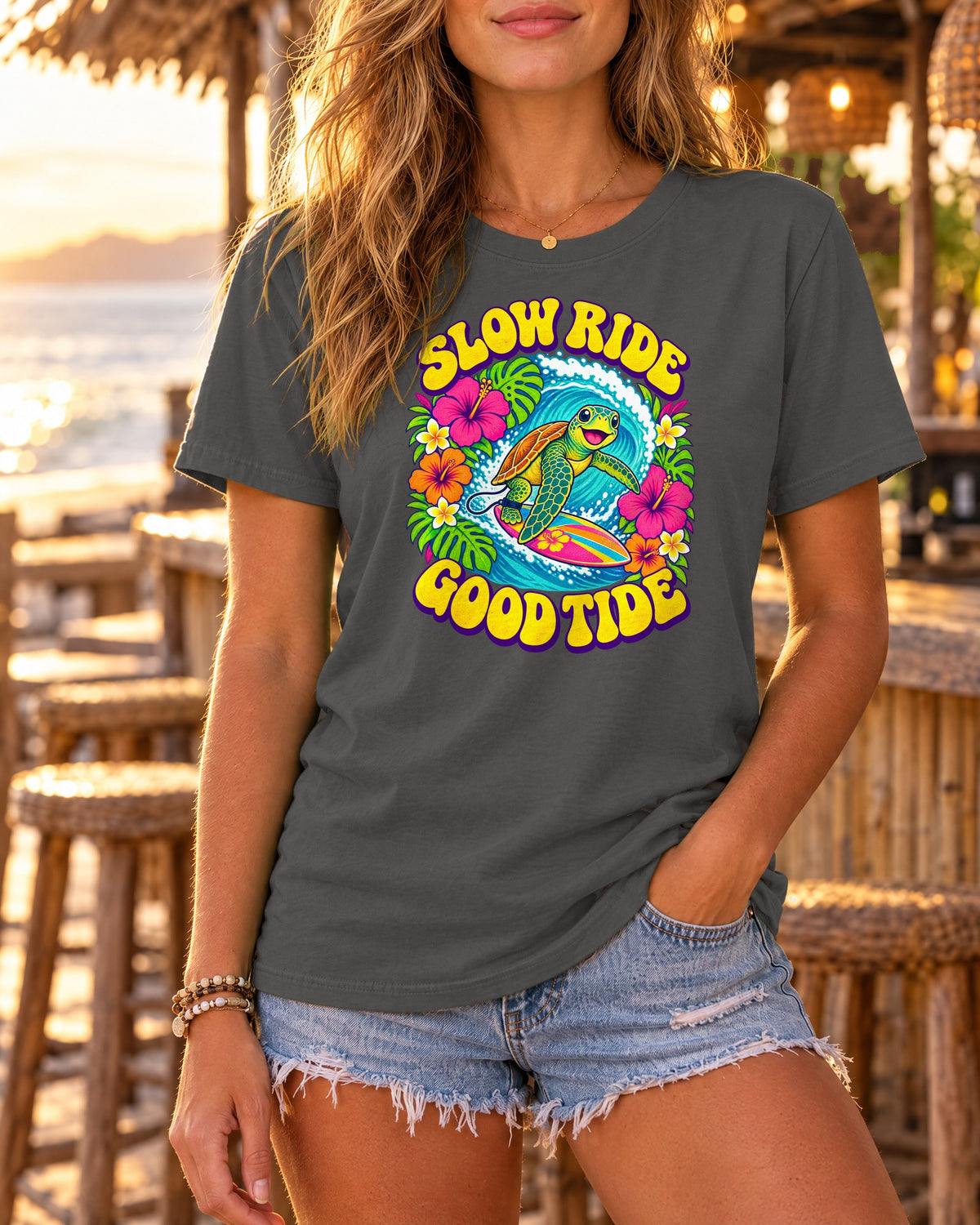 Slow Ride Good Tide Tee | Sea Turtle Surf Shirt | Groovy 70s Beach T-Shirt | Comfort Colors