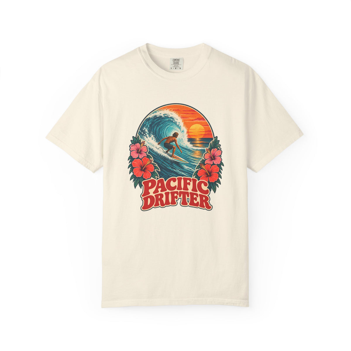 Pacific Drifter Tee | Retro Surfer Wave Hibiscus Shirt | Vintage Surf T-Shirt | Comfort Colors Gift