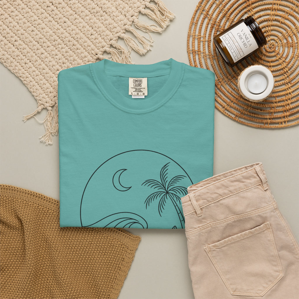 Moonlit Surf Line Art T-Shirt | Palm Tree Wave Circle Design