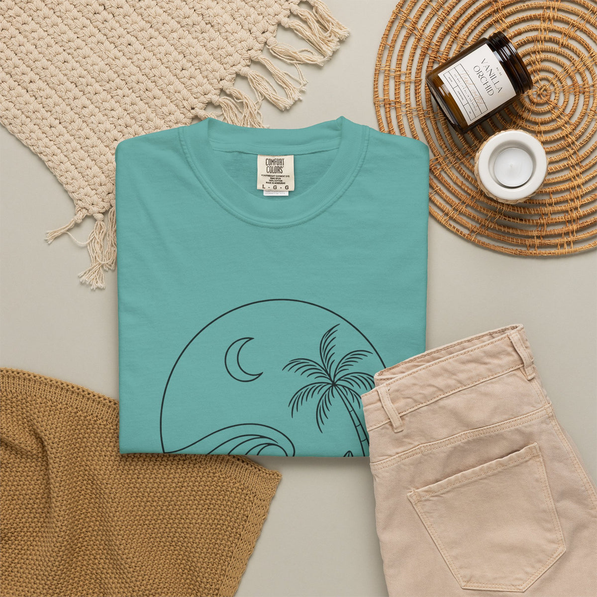 Moonlit Surf Line Art T-Shirt | Palm Tree Wave Circle Design