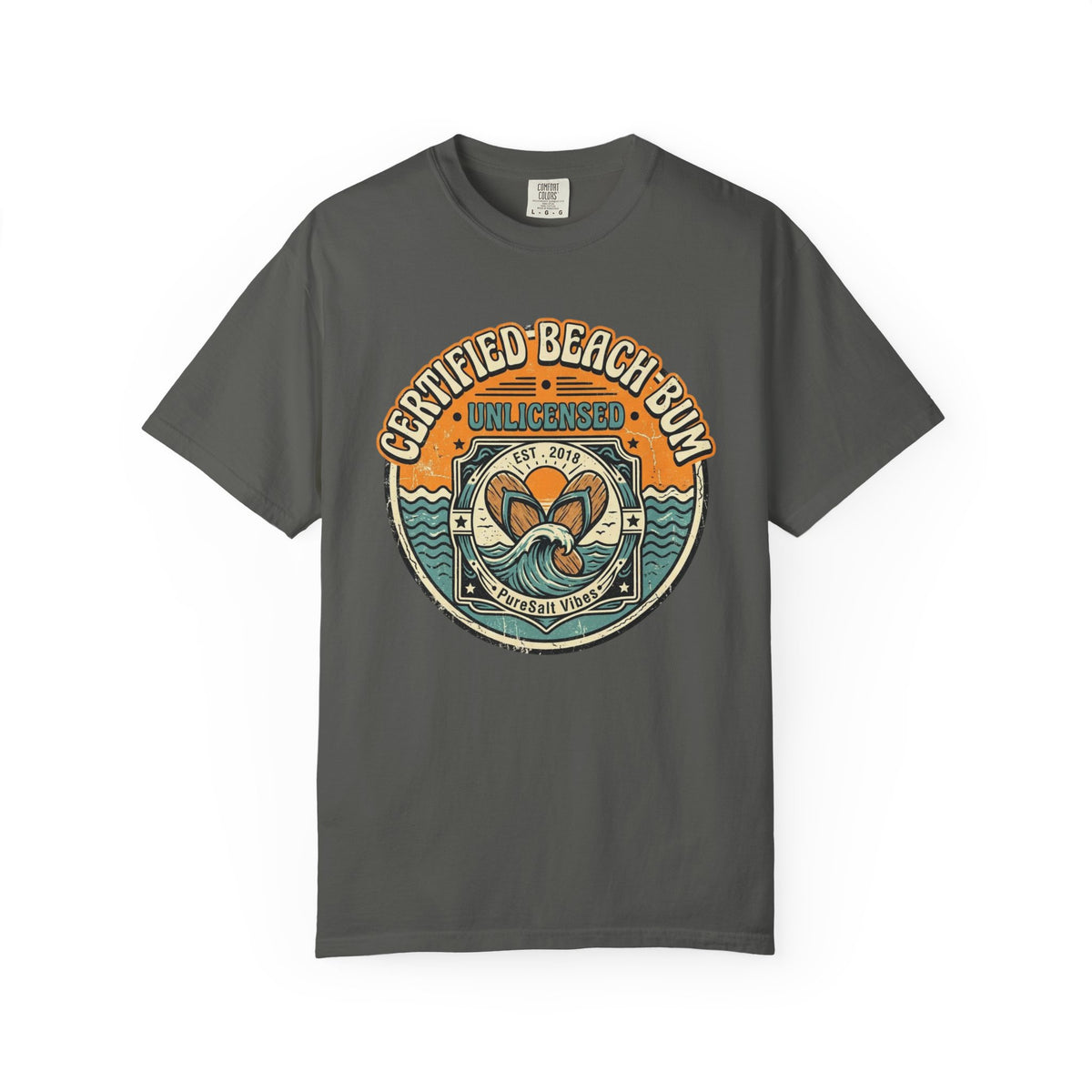 Certified Beach Bum graphic T-Shirt | Retro Surf Badge, Ocean Waves