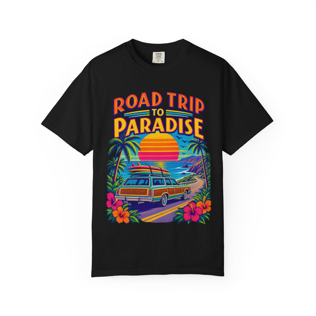 Road Trip To Paradise Tee | Retro Woodie Wagon Surf Shirt | Vintage Travel Poster T-Shirt | Comfort Colors