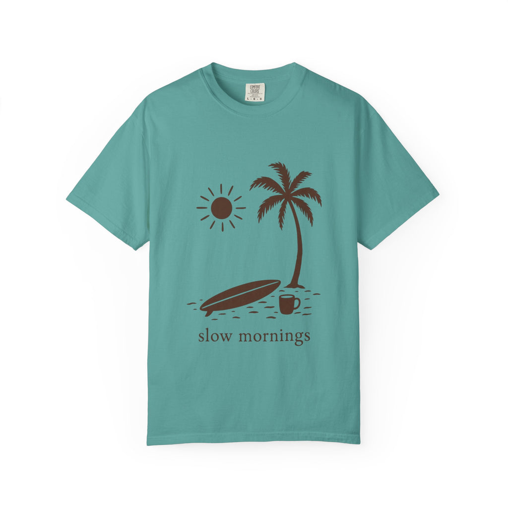 Slow Mornings Surf Shirt | Coffee And Surfboard Tee | Comfort Colors T-Shirt