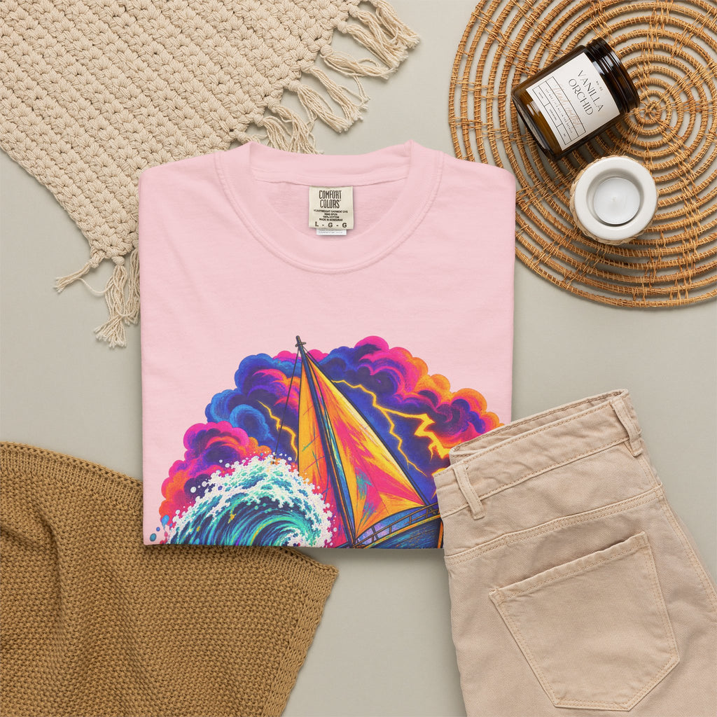 Ride The Storm Tee | Sailboat Big Wave Shirt | Bold Ocean Art T-Shirt | Comfort Colors