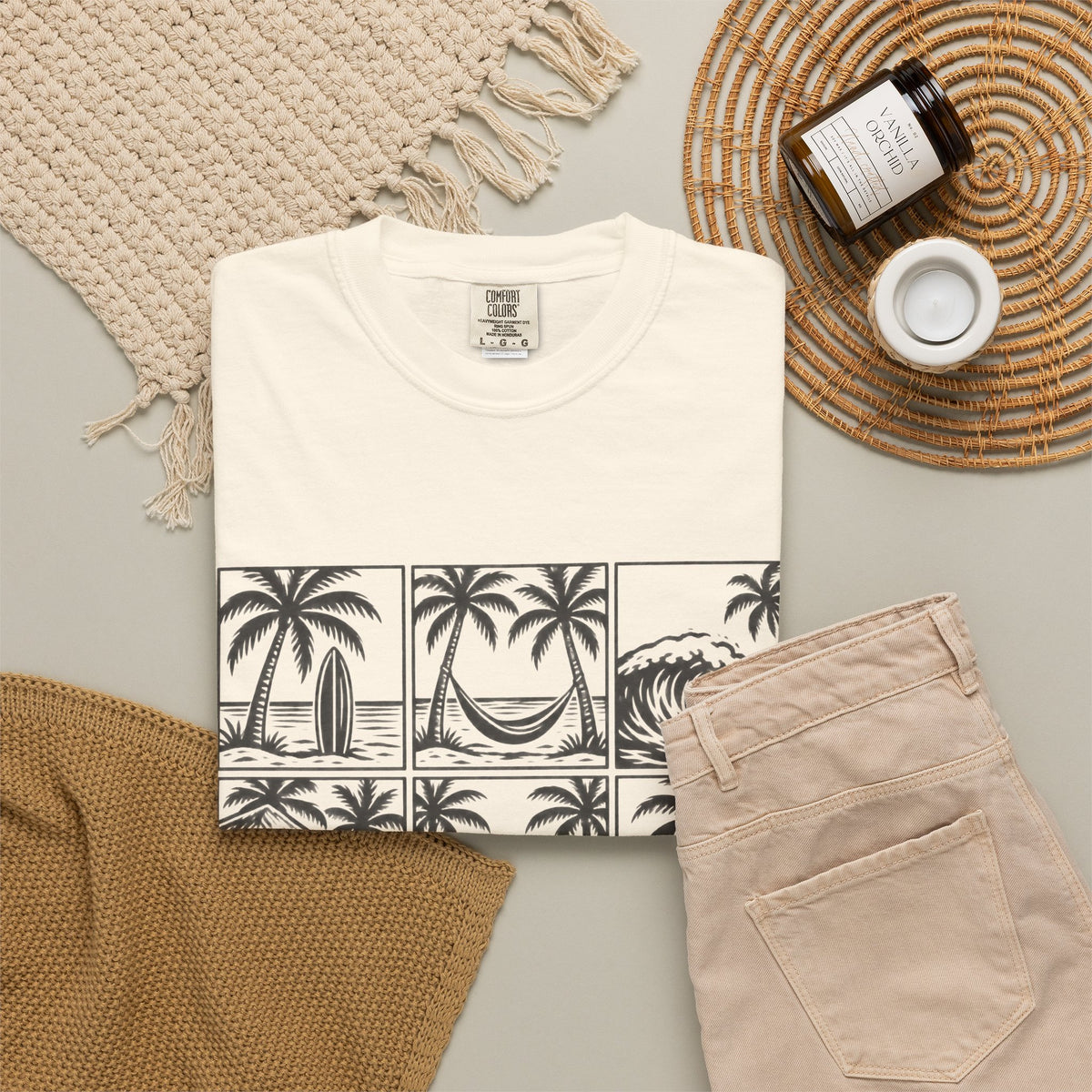 Woodcut Palm Grid Shirt | Tropical Surf Tiles Tee | Comfort Colors T-Shirt