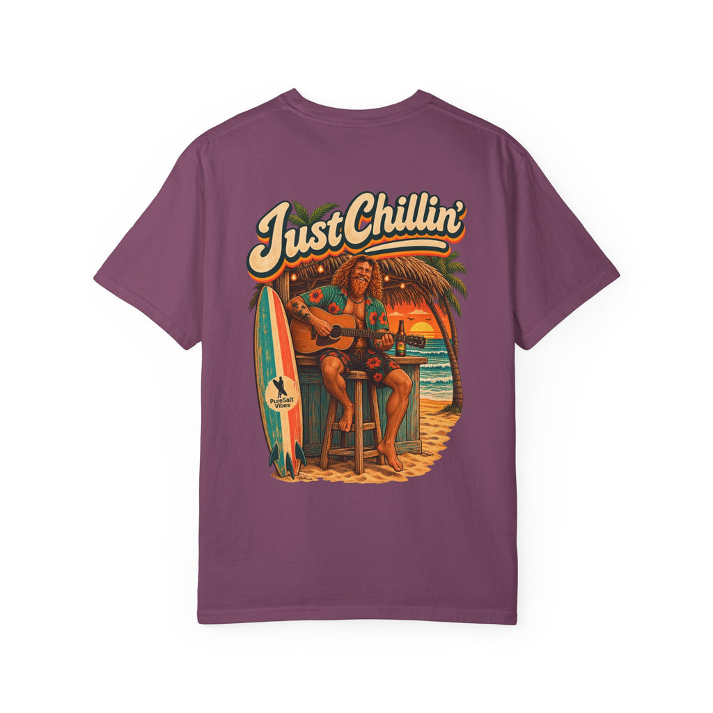 Just Chillin' Surf T-Shirt — Retro Beach Vibes with Guitarist Graphic