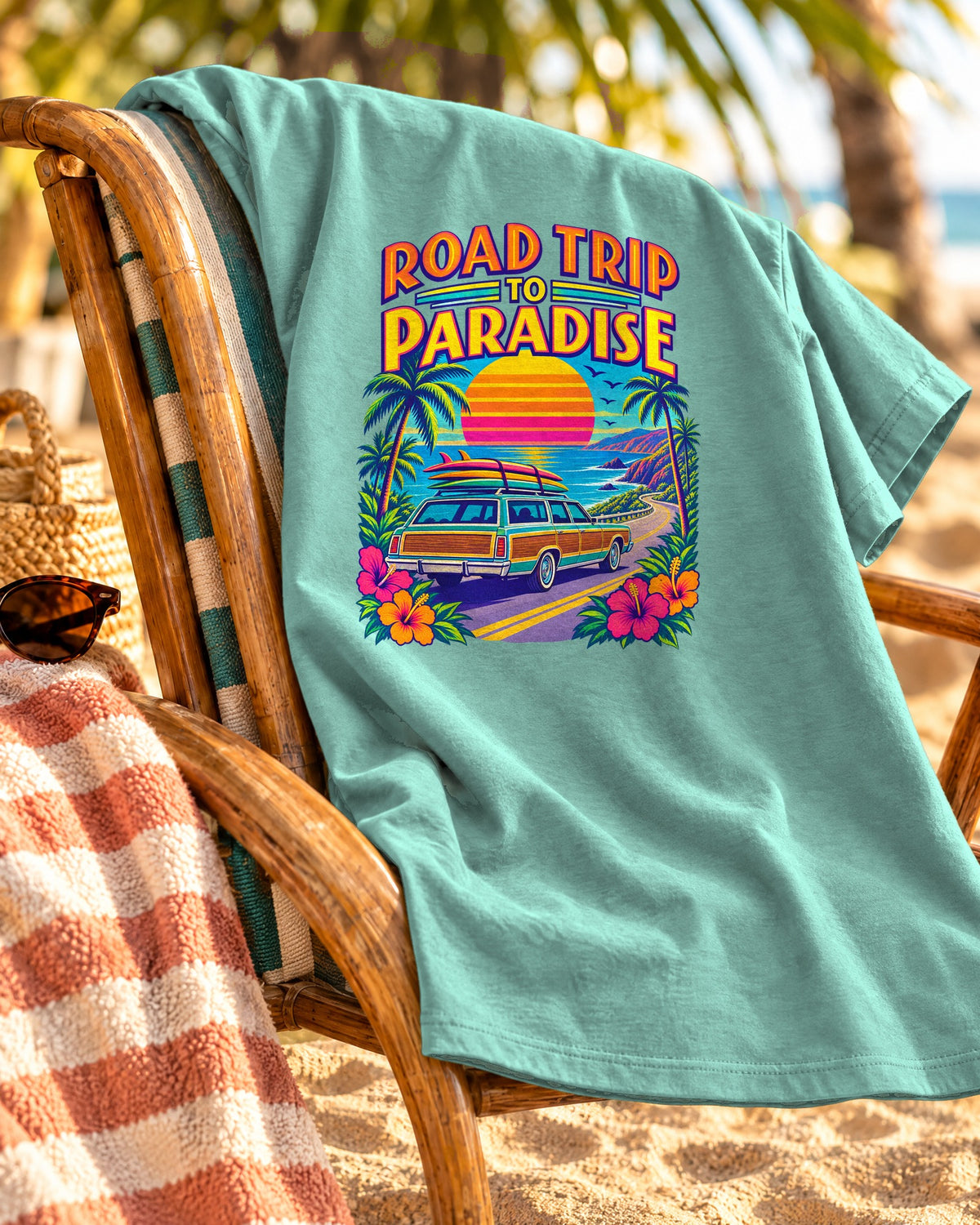 Road Trip To Paradise Tee | Retro Woodie Wagon Surf Shirt | Vintage Travel Poster T-Shirt | Comfort Colors