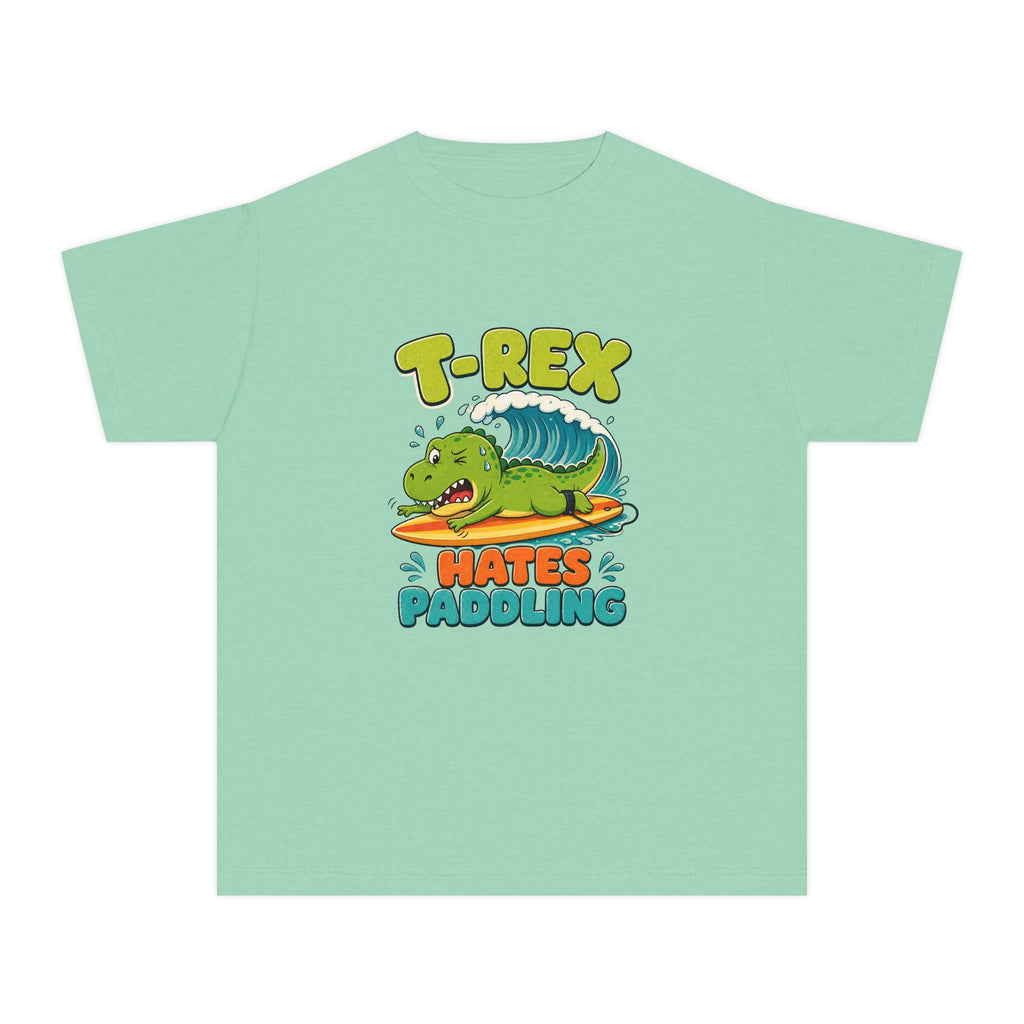 T-Rex Hates Paddling Kids Tee | Funny Dinosaur Kids Shirt | Youth Beach T-Shirt | Surf Kid Gift