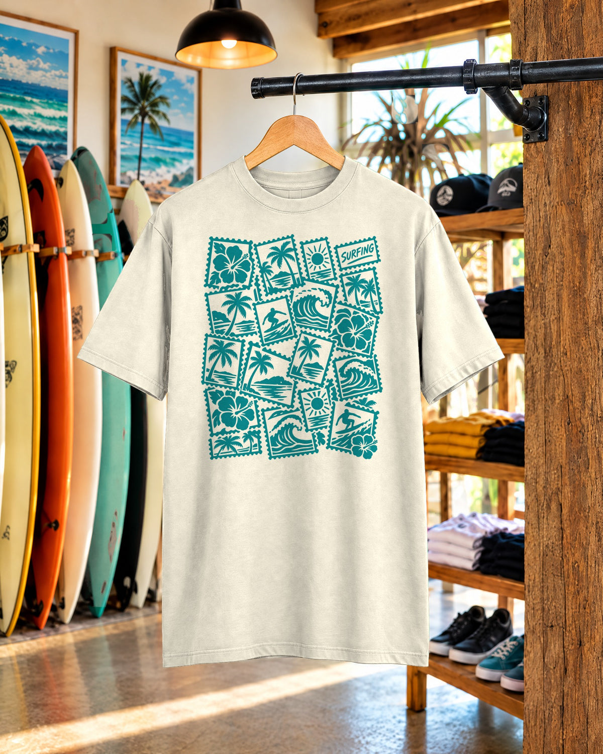 Surfing Postcard Stamp Shirt | Tropical Postage Pattern Tee | Comfort Colors T-Shirt