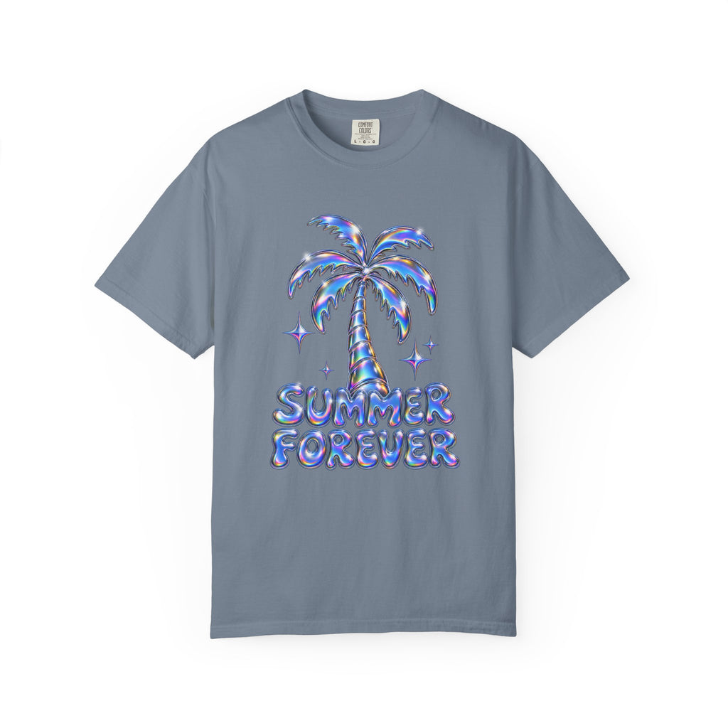 Summer Forever Tee | Holographic Chrome Palm Tree Shirt | Y2K Summer T-Shirt | Comfort Colors Black