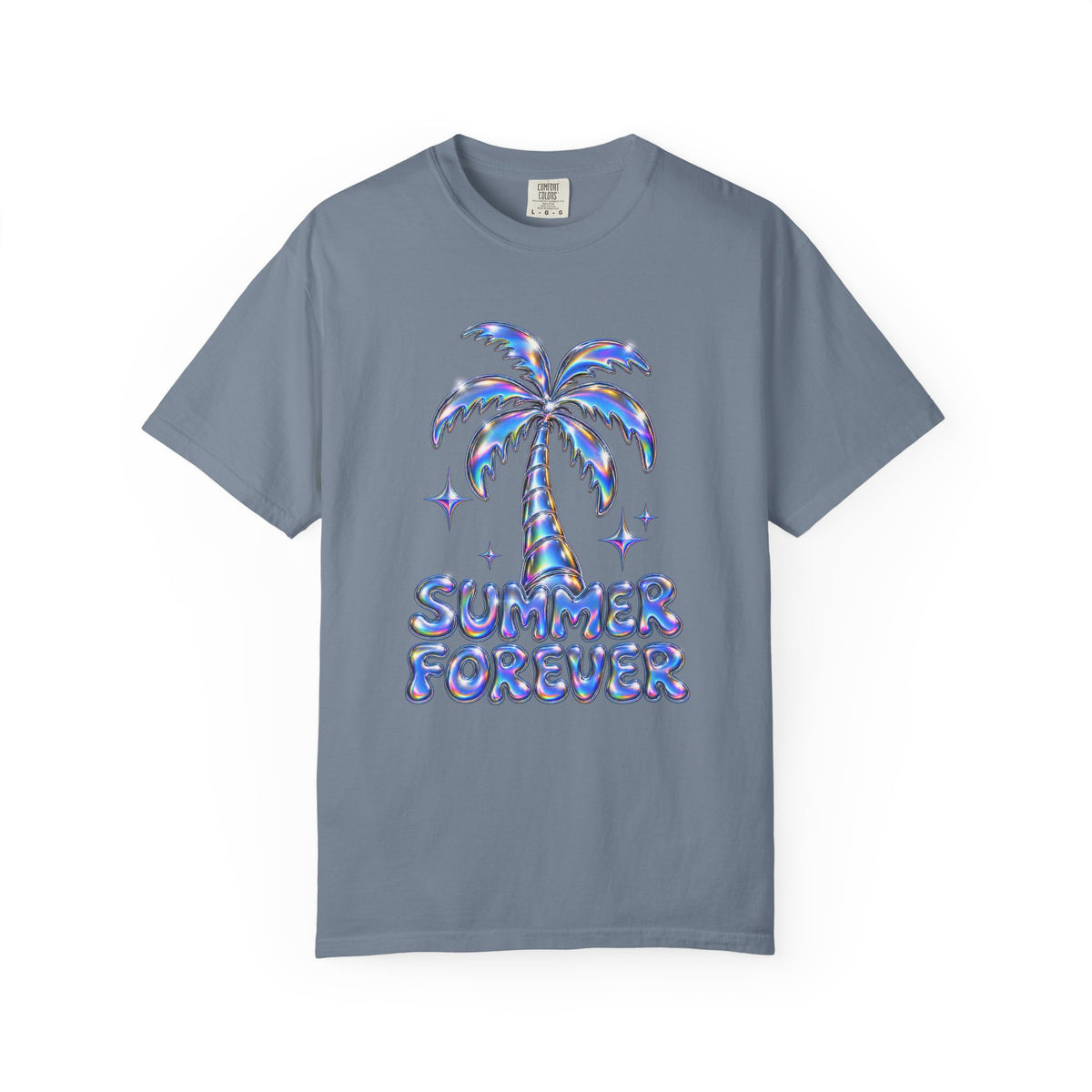 Summer Forever Tee | Holographic Chrome Palm Tree Shirt | Y2K Summer T-Shirt | Comfort Colors Black
