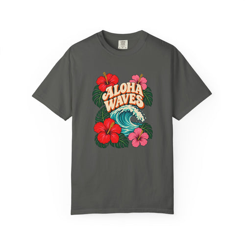 Aloha Waves Tee | Retro Hibiscus Wave Shirt | Hawaiian Style T-Shirt | Comfort Colors Gift
