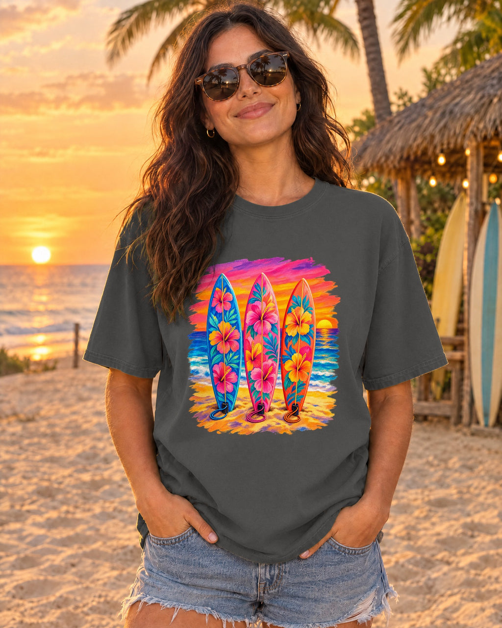 Floral Surfboards Shirt | Surfboard Quiver Sunset Tee | Comfort Colors T-Shirt